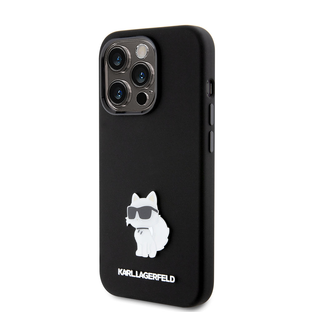 Hülle für Apple iPhone 15 Pro, Karl Lagerfeld, Silicone Choupette Metal, Schwarz