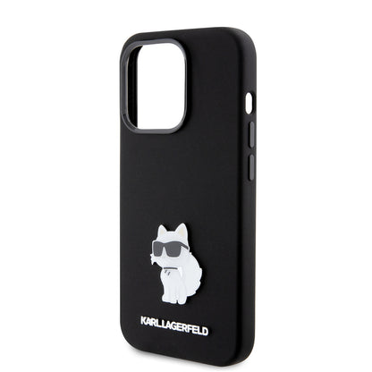 Hülle für Apple iPhone 15 Pro, Karl Lagerfeld, Silicone Choupette Metal, Schwarz