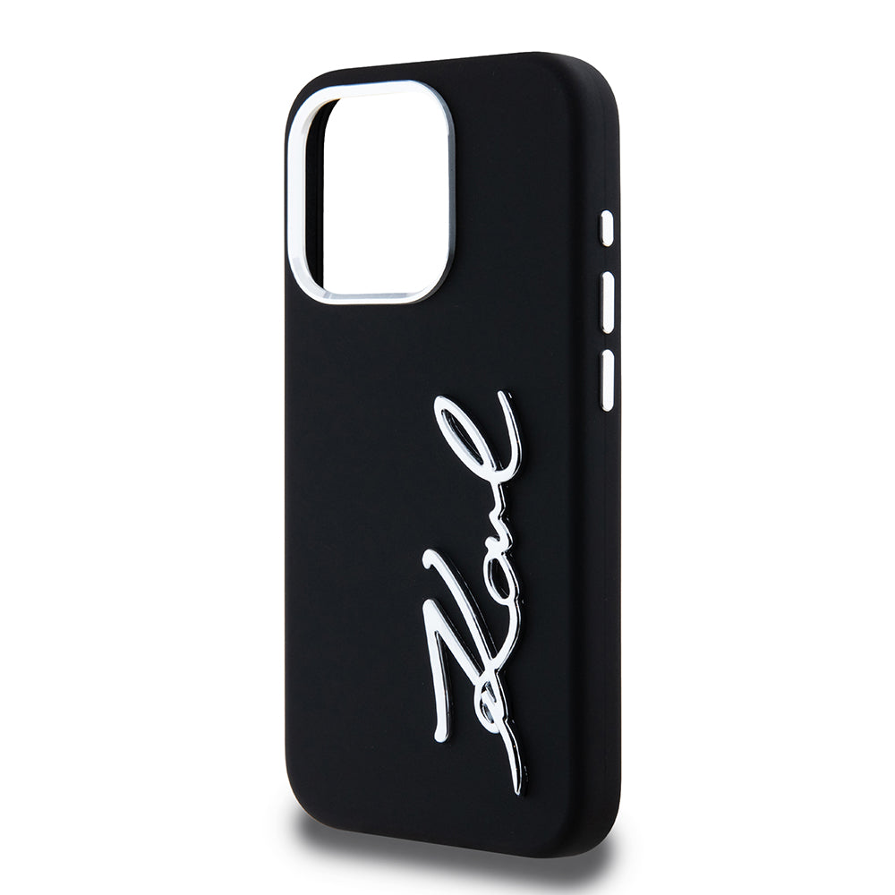 Hoes voor Apple iPhone 15 Pro, Karl Lagerfeld, Silicone Metal Script Logo, Zwart