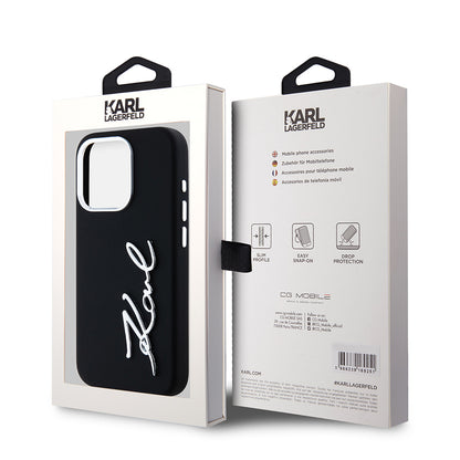 Hoes voor Apple iPhone 15 Pro, Karl Lagerfeld, Silicone Metal Script Logo, Zwart