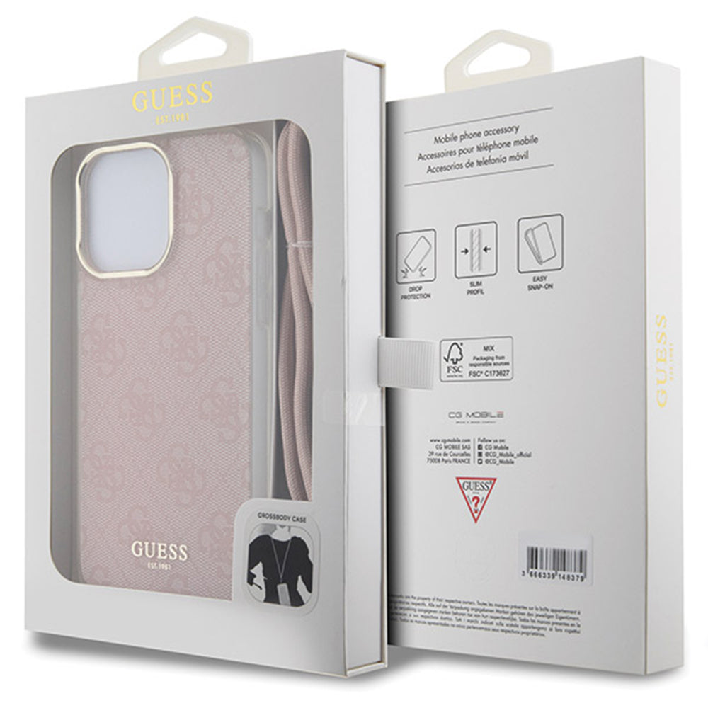 Étui pour Apple iPhone 15 Pro Max, Guess, Crossbody Cord 4G Print, Rose