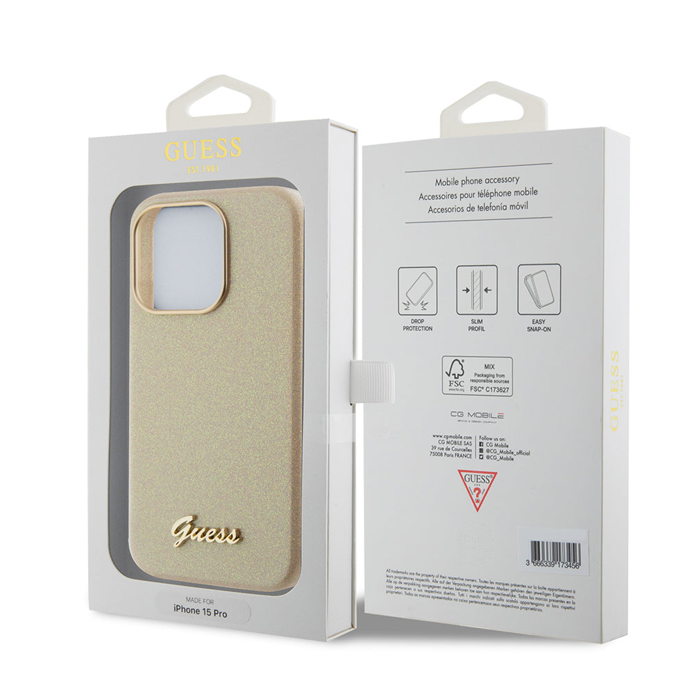 Hoes voor Apple iPhone 15 Pro Max, Guess, Glitter Glossy Script, Beige