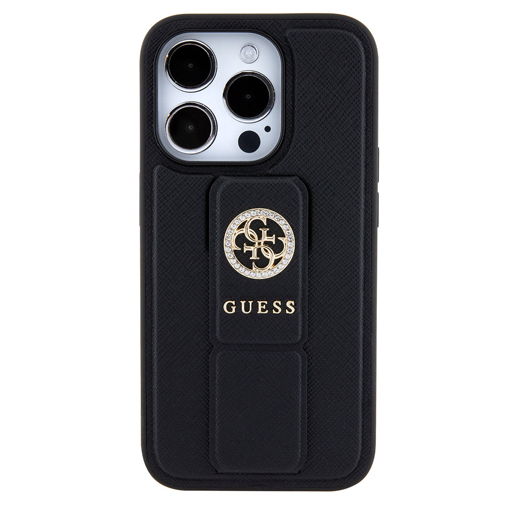Hoes voor Apple iPhone 15 Pro Max, Guess, Grip Stand 4G Saffiano Strass, Zwart