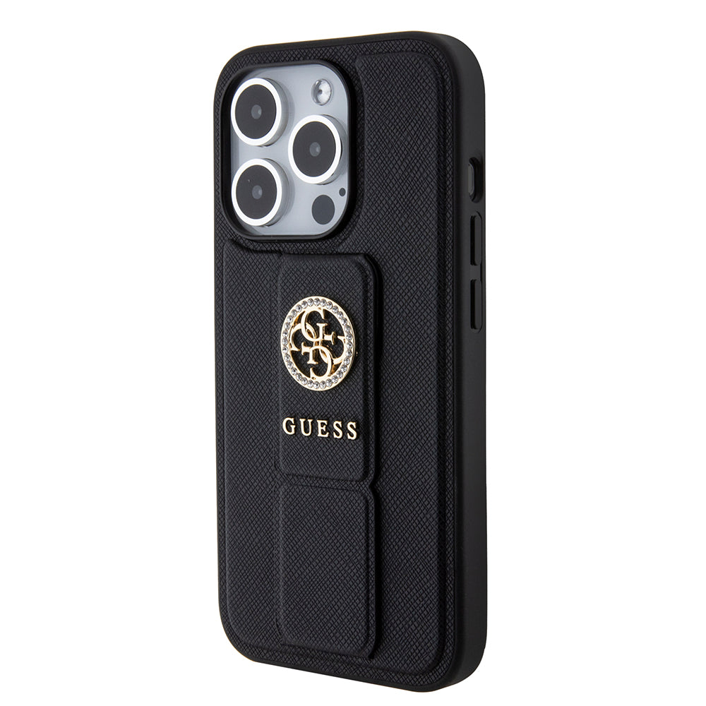 Hoes voor Apple iPhone 15 Pro Max, Guess, Grip Stand 4G Saffiano Strass, Zwart