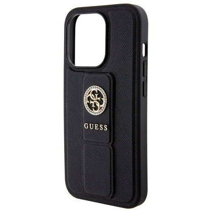 Hoes voor Apple iPhone 15 Pro Max, Guess, Grip Stand 4G Saffiano Strass, Zwart