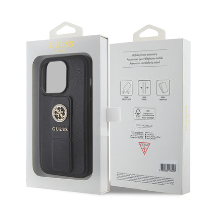 Hoes voor Apple iPhone 15 Pro Max, Guess, Grip Stand 4G Saffiano Strass, Zwart