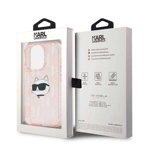 Hoes voor Apple iPhone 15 Pro Max, Karl Lagerfeld, IML Luxury Monogram Choupette's Head, Roze