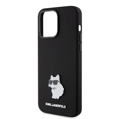 Étui pour Apple iPhone 15 Pro Max, Karl Lagerfeld, Silicone Choupette Metal, Noir