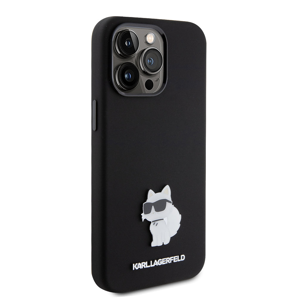 Étui pour Apple iPhone 15 Pro Max, Karl Lagerfeld, Silicone Choupette Metal, Noir