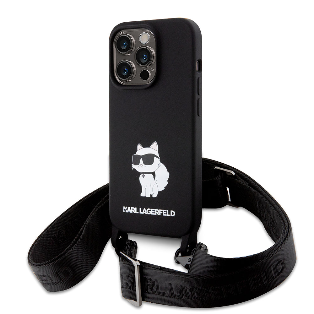 Étui pour Apple iPhone 15 Pro Max, Karl Lagerfeld, Silicone Crossbody Choupette, Noir