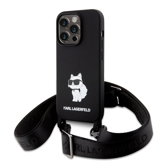 Hoes voor Apple iPhone 15 Pro Max, Karl Lagerfeld, Silicone Crossbody Choupette, Zwart