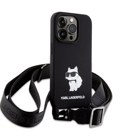 Hoes voor Apple iPhone 15 Pro Max, Karl Lagerfeld, Silicone Crossbody Choupette, Zwart