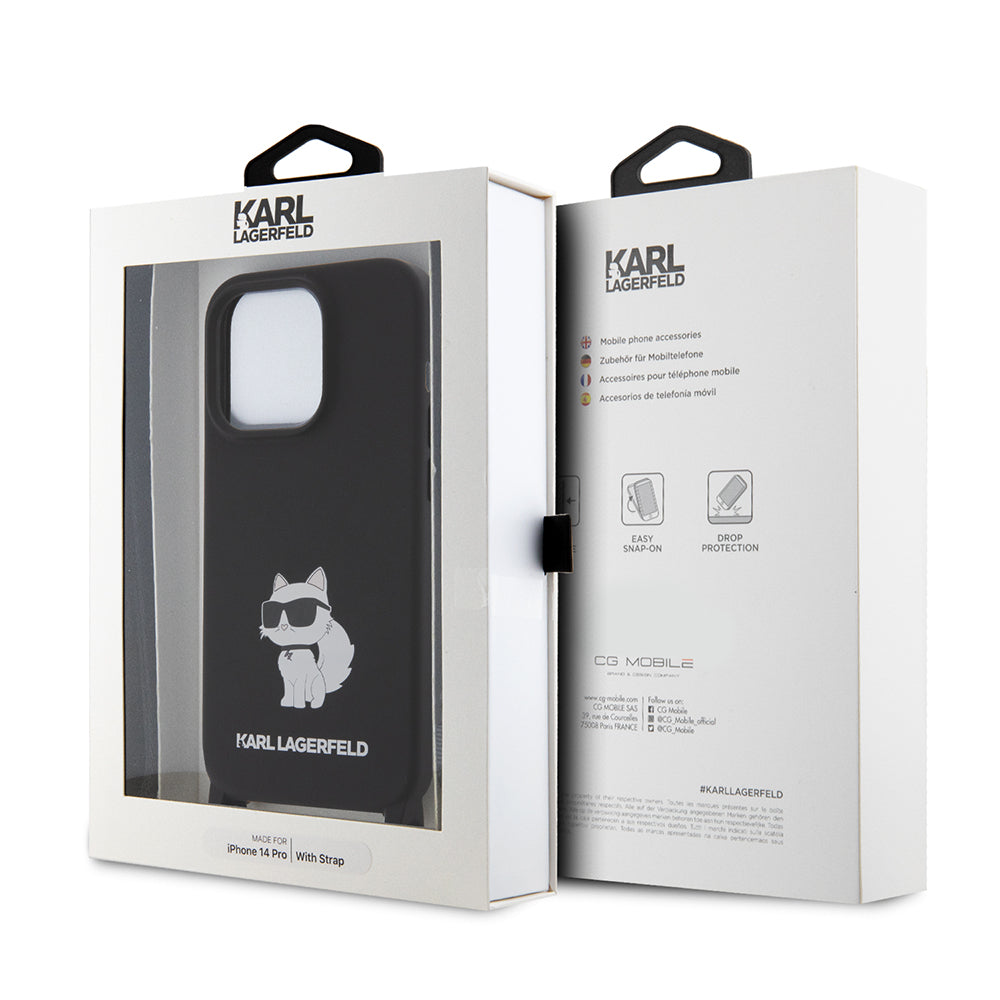 Étui pour Apple iPhone 15 Pro Max, Karl Lagerfeld, Silicone Crossbody Choupette, Noir