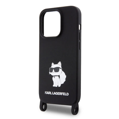 Étui pour Apple iPhone 15 Pro Max, Karl Lagerfeld, Silicone Crossbody Choupette, Noir