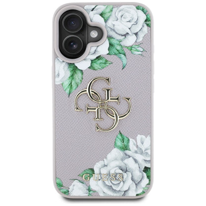 Étui pour Apple iPhone 16, Guess, 4G Grained Roses Big Logo, Violet