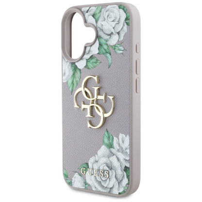 Étui pour Apple iPhone 16, Guess, 4G Grained Roses Big Logo, Violet