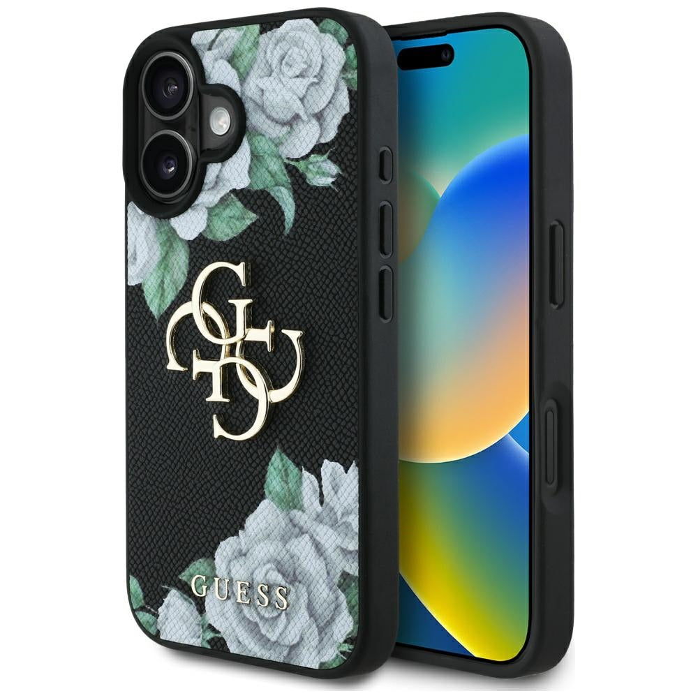 Étui pour Apple iPhone 16, Guess, 4G Grained Roses Big Logo, Noir