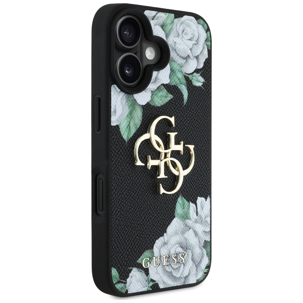 Étui pour Apple iPhone 16, Guess, 4G Grained Roses Big Logo, Noir