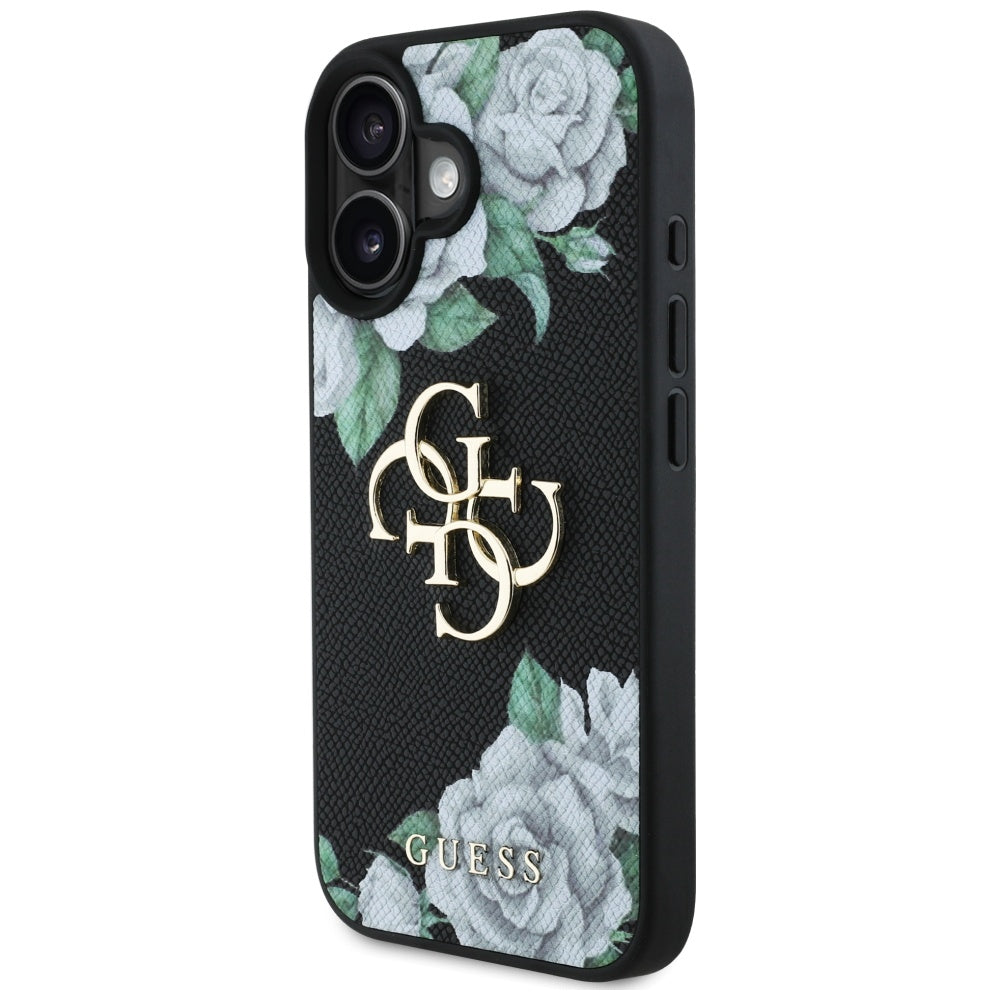 Étui pour Apple iPhone 16, Guess, 4G Grained Roses Big Logo, Noir
