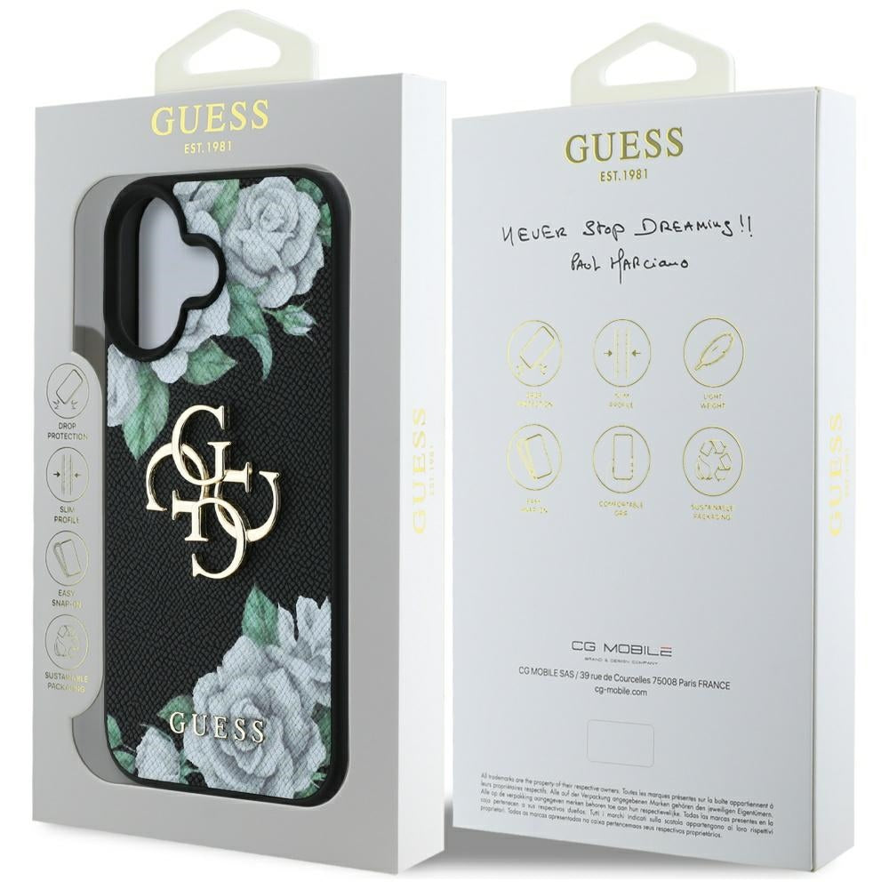Étui pour Apple iPhone 16, Guess, 4G Grained Roses Big Logo, Noir