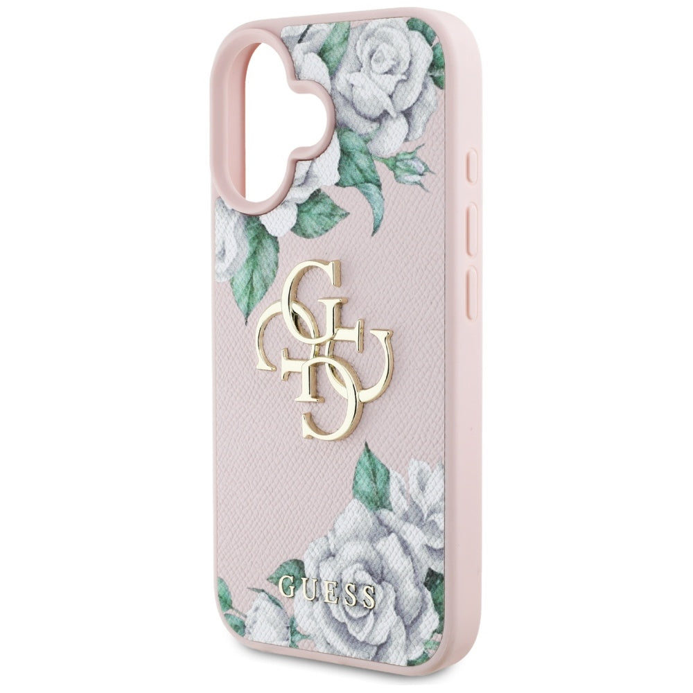 Hülle für Apple iPhone 16, Guess, 4G Grained Roses Big Logo, Rosa