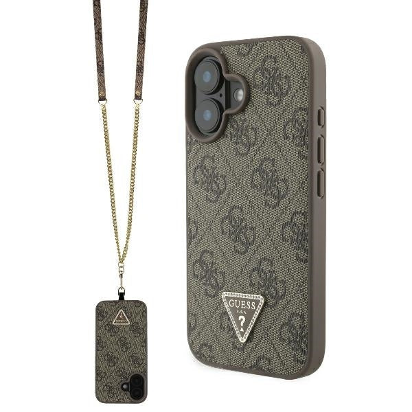 Hoes voor Apple iPhone 16, Guess, Crossbody 4G Triangle Strass, Bruin