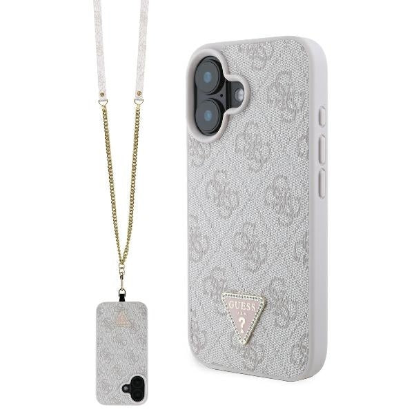 Étui pour Apple iPhone 16, Guess, Crossbody 4G Triangle Strass, Rose
