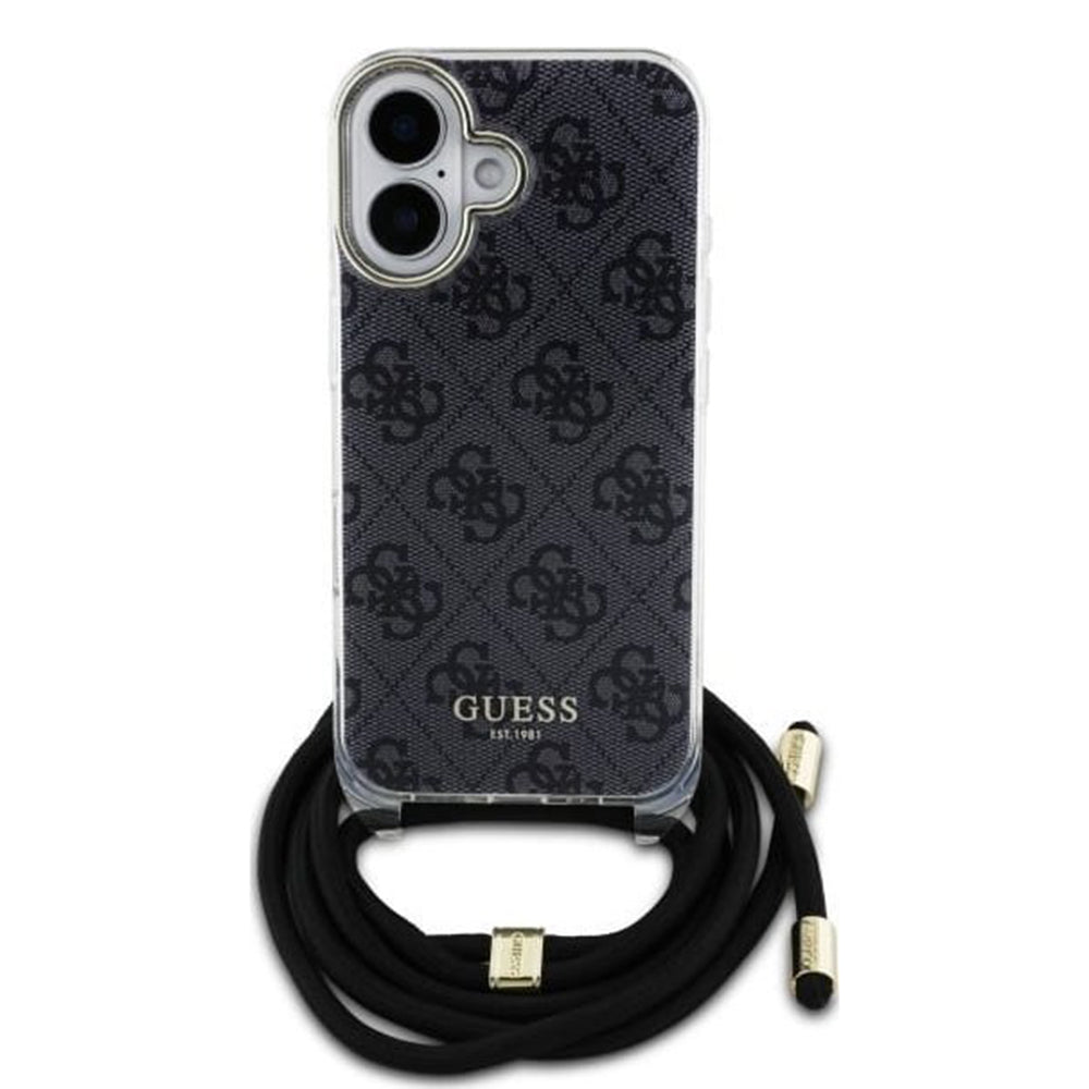 Hoes voor Apple iPhone 16, Guess, Crossbody Cord 4G Print, Zwart