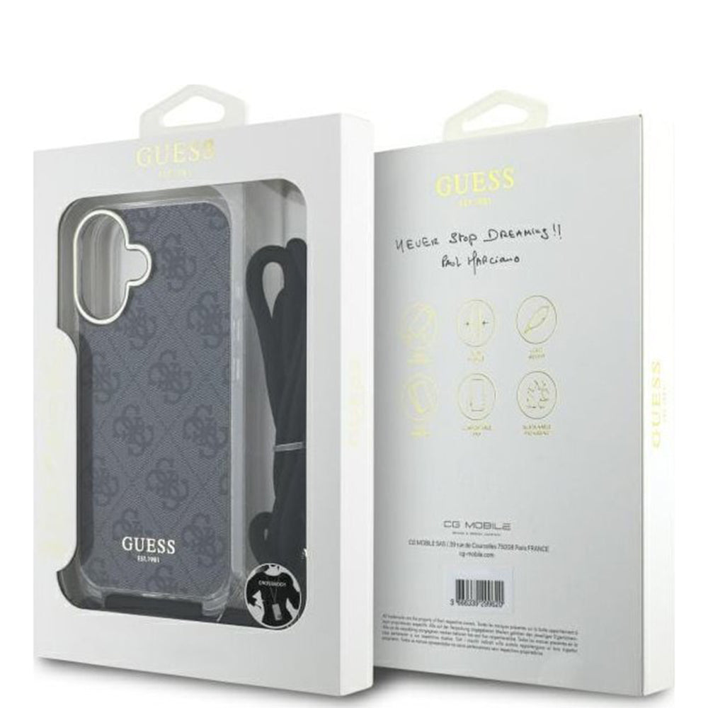 Hoes voor Apple iPhone 16, Guess, Crossbody Cord 4G Print, Zwart
