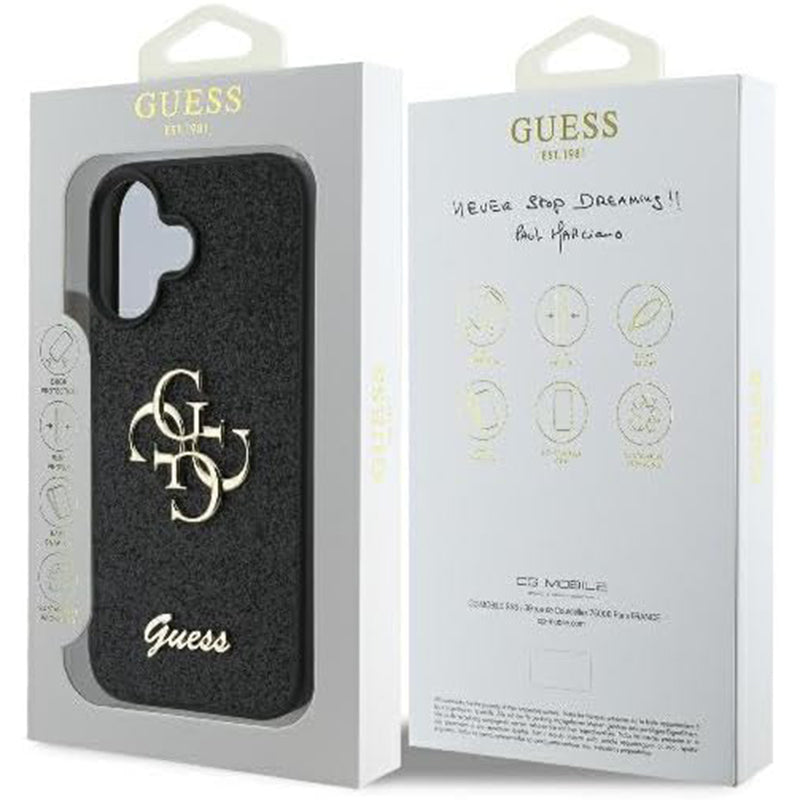Hoes voor Apple iPhone 16, Guess, Fixed Glitter Big 4G, Zwart