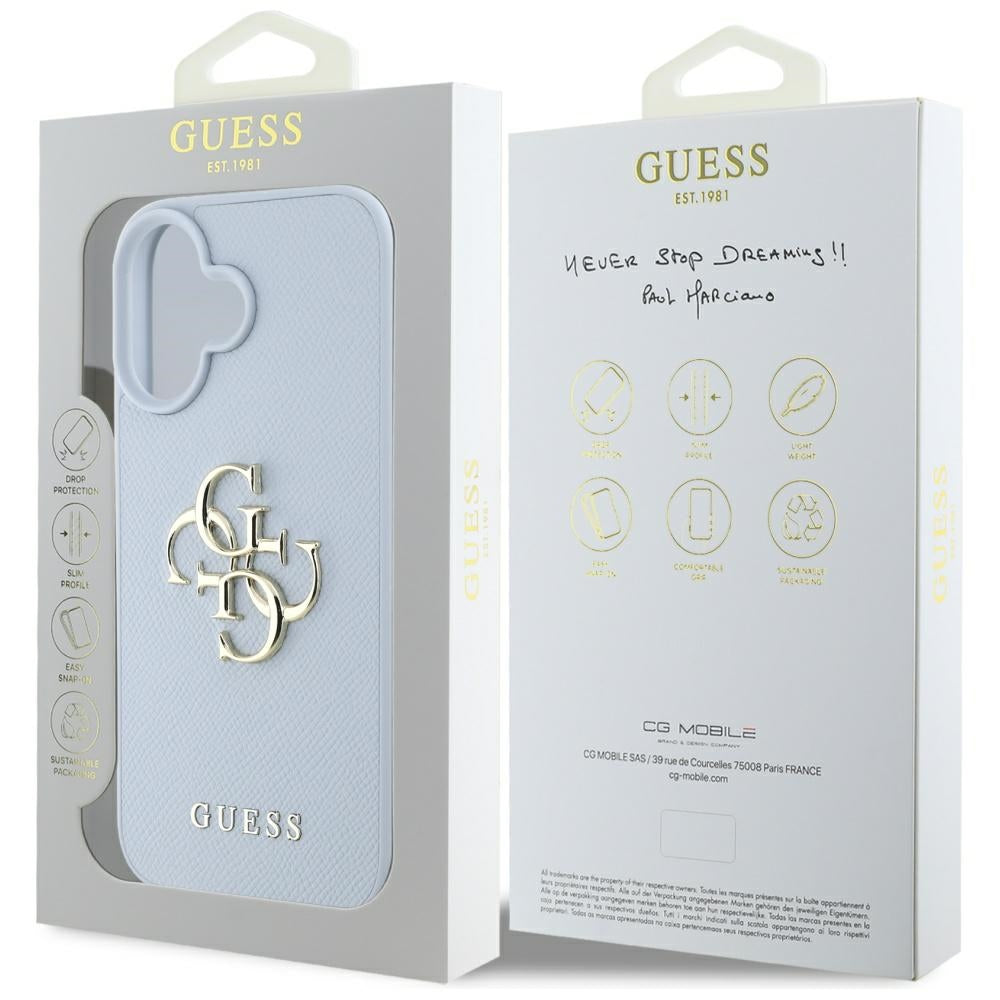 Étui pour Apple iPhone 16, Guess, Grained Big 4G Logo Small Classic Logo, Bleu
