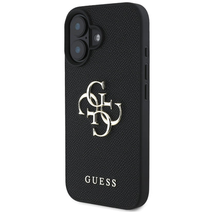 Étui pour Apple iPhone 16, Guess, Grained Big 4G Logo Small Classic Logo, Noir