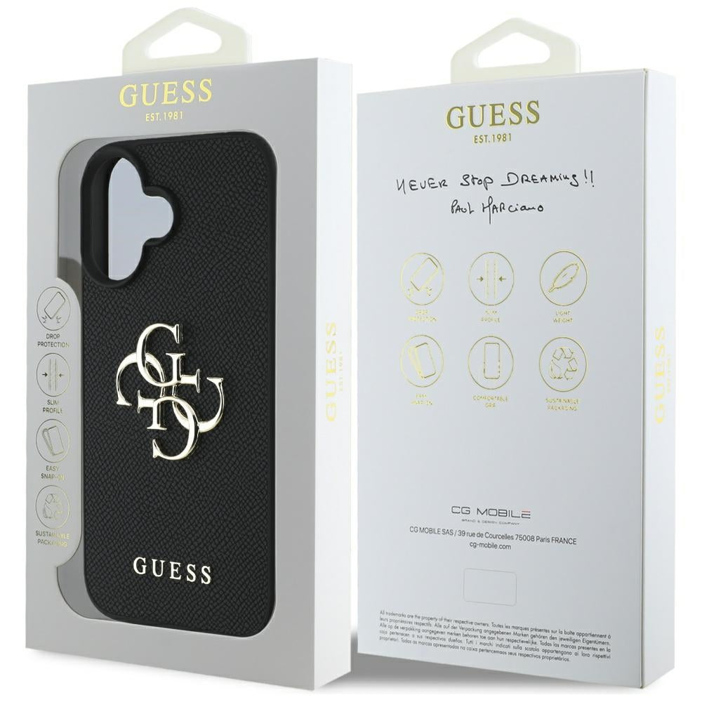 Étui pour Apple iPhone 16, Guess, Grained Big 4G Logo Small Classic Logo, Noir