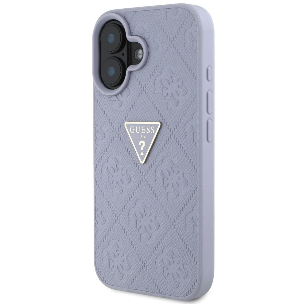 Hülle für Apple iPhone 16, Guess, Hot Stamp 4G Pattern Triangle Logo, Helles Lila