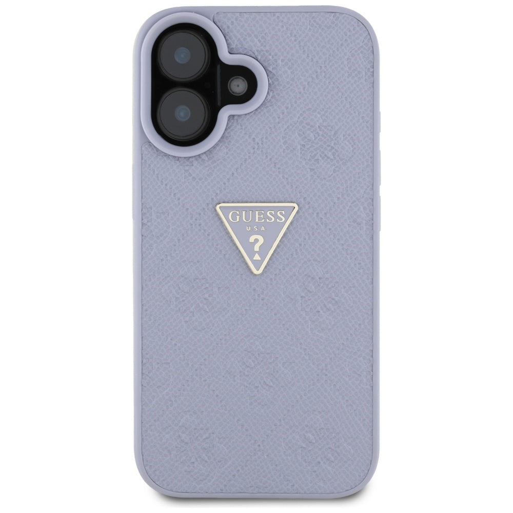 Hülle für Apple iPhone 16, Guess, Hot Stamp 4G Pattern Triangle Logo, Helles Lila