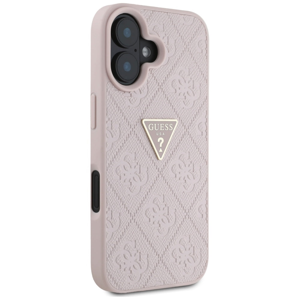 Étui pour Apple iPhone 16, Guess, Hot Stamp 4G Pattern Triangle Logo, Rose