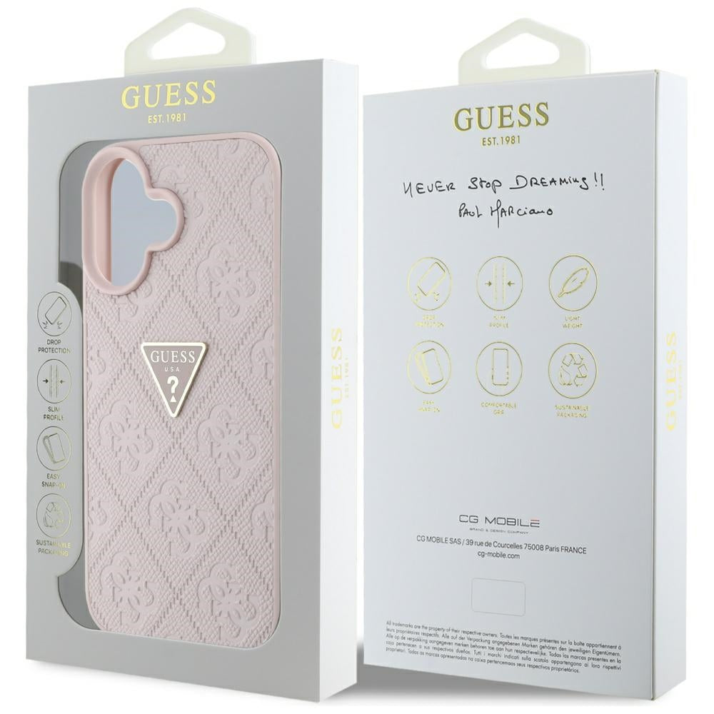 Étui pour Apple iPhone 16, Guess, Hot Stamp 4G Pattern Triangle Logo, Rose