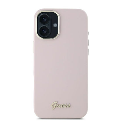 Étui pour Apple iPhone 16, Guess, Script Metal Logo & Frame, Rose