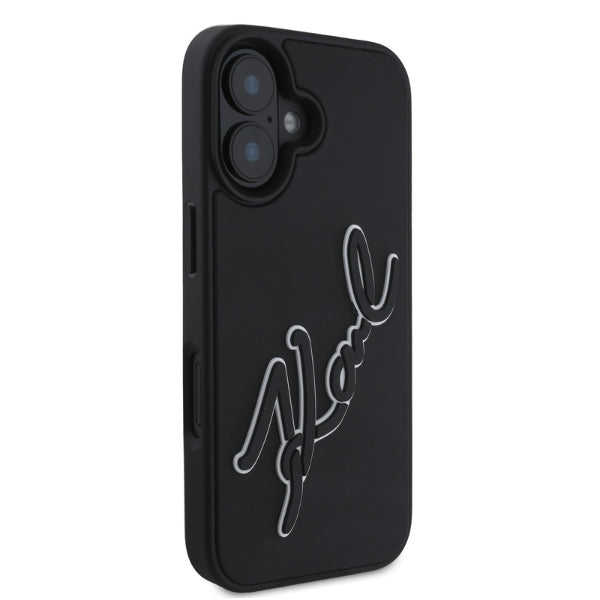 Hoes voor Apple iPhone 16, Karl Lagerfeld, 3D Rubber Signature, Zwart
