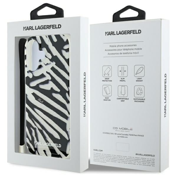 Hoes voor Apple iPhone 16, Karl Lagerfeld, IML Luxury Zebra Pattern met Band, Zwart