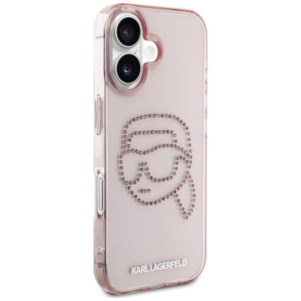 Étui pour Apple iPhone 16, Karl Lagerfeld, IML Rhinestones Karl's Head, Rose