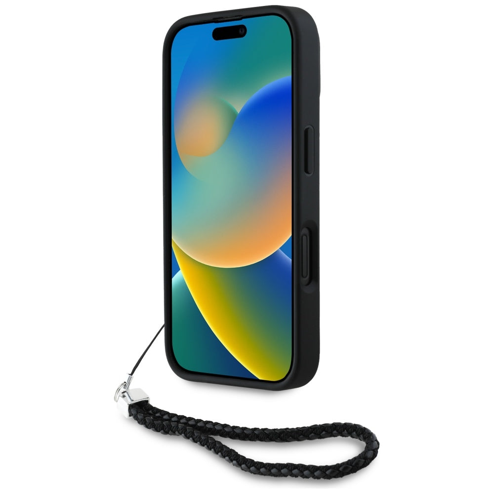 Hülle für Apple iPhone 16, Karl Lagerfeld, Gestepptes Initialen-Logo & Kettenriemen, Schwarz