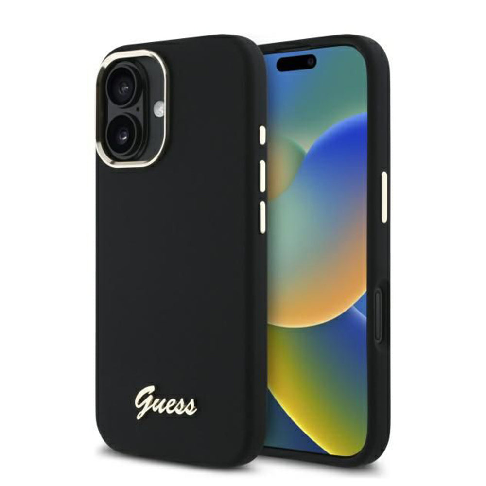Hoesje voor Apple iPhone 16 Plus, Guess, Script Metal Logo & Frame, Zwart