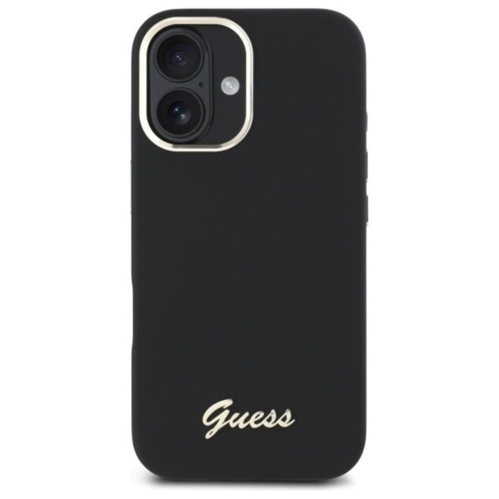Hoesje voor Apple iPhone 16 Plus, Guess, Script Metal Logo & Frame, Zwart