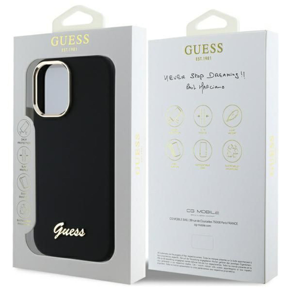 Hoesje voor Apple iPhone 16 Plus, Guess, Script Metal Logo & Frame, Zwart