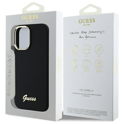 Hoesje voor Apple iPhone 16 Plus, Guess, Script Metal Logo & Frame, Zwart