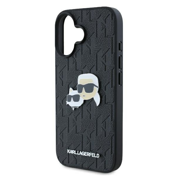 Hoes voor Apple iPhone 16 Plus, Karl Lagerfeld, Monogram Karl & Choupette's Heads, Zwart