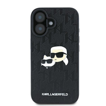 Hoes voor Apple iPhone 16 Plus, Karl Lagerfeld, Monogram Karl & Choupette's Heads, Zwart