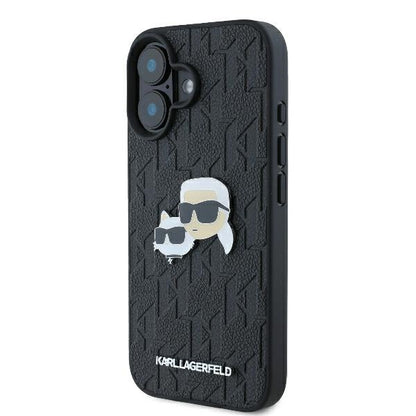 Hoes voor Apple iPhone 16 Plus, Karl Lagerfeld, Monogram Karl & Choupette's Heads, Zwart
