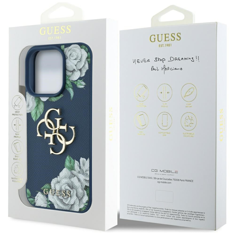 Hoes voor Apple iPhone 16 Pro, Guess, 4G Grained Roses Big Logo, Blauw